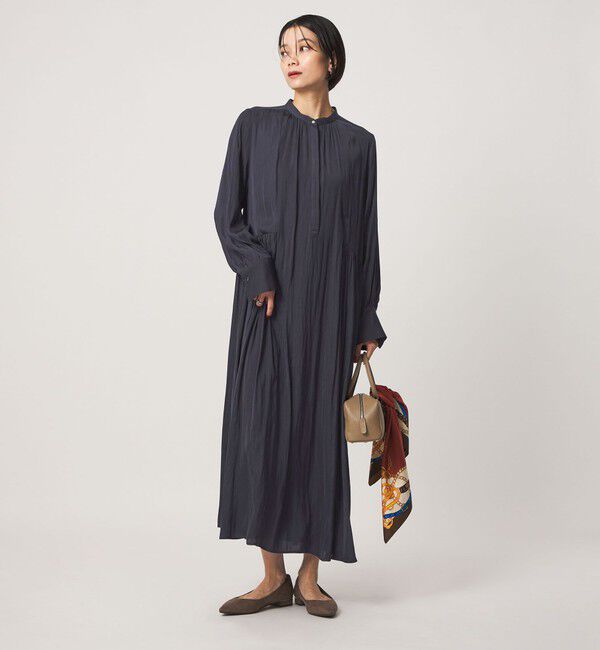 UNITED ARROWS green label relaxing「［size SHORTあり］サテン ギャザー ロングスリーブ ワンピース」|ワンピース|