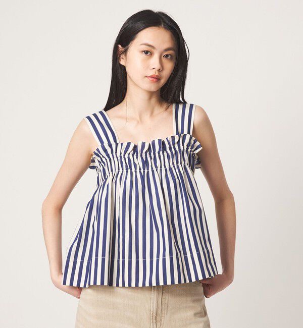 EMMEL REFINES「＜EMMEL REFINES＞EM MW フリル＆ギャザー ストライプ ノースリーブ」|シャツ・ブラウス|COBALT