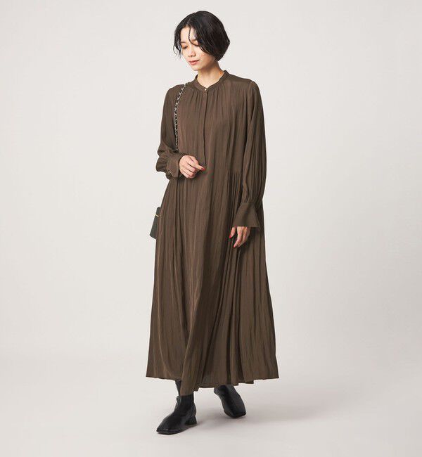UNITED ARROWS green label relaxing「［size SHORTあり］サテン ギャザー ロングスリーブ ワンピース」|ワンピース|