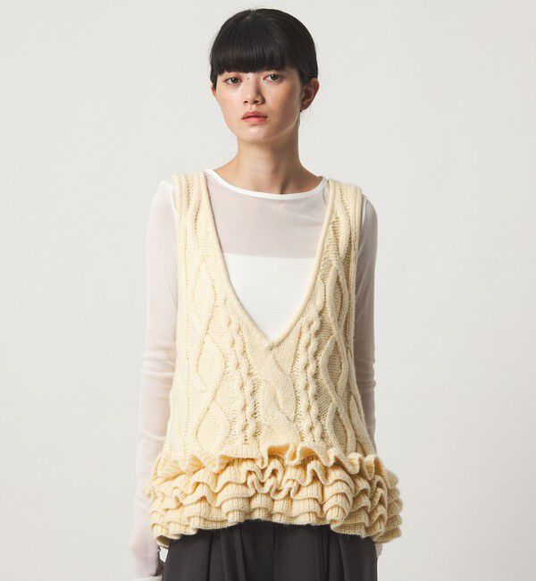 EMMEL REFINES「＜EMMEL REFINES＞EM ケーブル フリル チュニック ベスト」|ニット・セーター|OFF WHITE