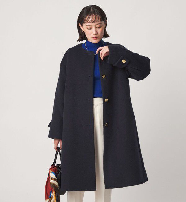 UNITED ARROWS green label relaxing「アンゴラビーバー ノーカラー ロングコート」|ノーカラーコート|NAVY