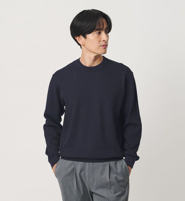 BEAUTY&YOUTH UNITED ARROWS「ガスコットン ツイル アゼ クルーネック ニット」|ニット・セーター|NAVY