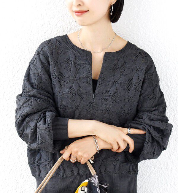 SHIPS for women「《追加予約》【WEB限定】〈洗濯機可能〉2WAY フラワー ジャカード ハーフ ジップ プルオーバー」|ニット・セーター|