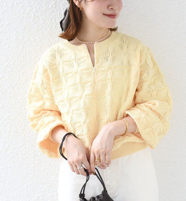 SHIPS for women「《追加予約》【WEB限定】〈洗濯機可能〉2WAY フラワー ジャカード ハーフ ジップ プルオーバー」|ニット・セーター|ライトイエロー