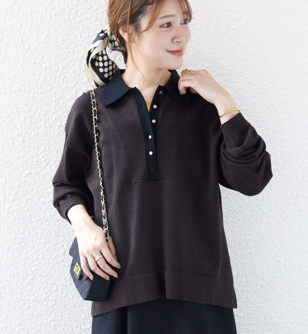 SHIPS for women「《一部追加予約》【WEB限定】〈手洗い可能〉サイド スリット ゴールド 釦 ポロ ニット」|ニット・セーター|