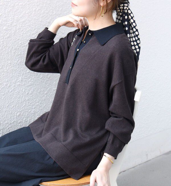 SHIPS for women「《一部追加予約》【WEB限定】〈手洗い可能〉サイド スリット ゴールド 釦 ポロ ニット」|ニット・セーター|