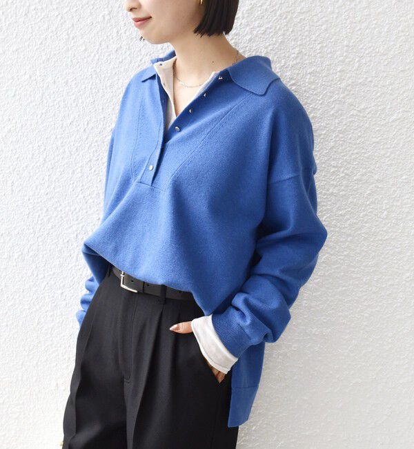 SHIPS for women「《一部追加予約》【WEB限定】〈手洗い可能〉サイド スリット ゴールド 釦 ポロ ニット」|ニット・セーター|ブルー