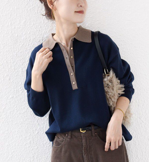 SHIPS for women「《一部追加予約》【WEB限定】〈手洗い可能〉サイド スリット ゴールド 釦 ポロ ニット」|ニット・セーター|