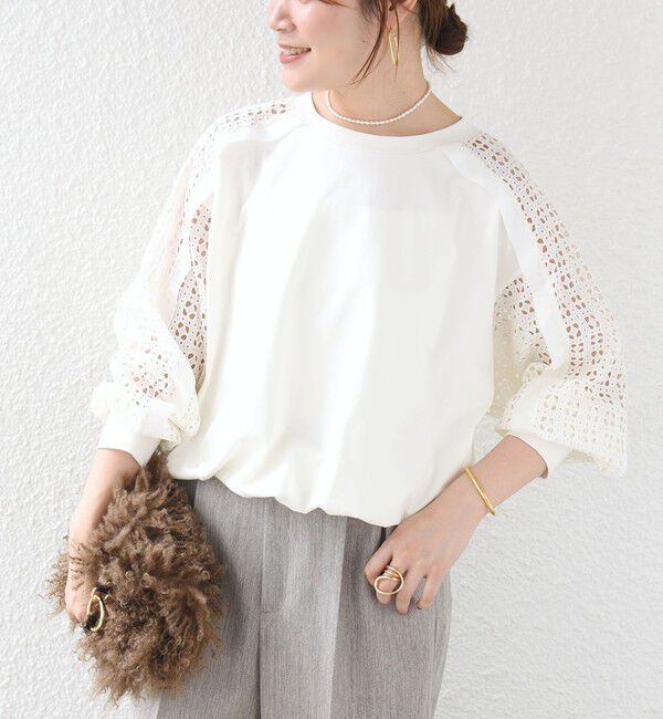 SHIPS for women「【WEB限定】〈手洗い可能〉レース コンビ カットソー」|Tシャツ・カットソー|オフホワイト