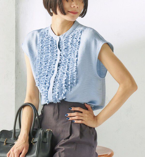 SHIPS for women「〈接触冷感/手洗い可能〉Jupiter 麻混 フリル ブラウス」|シャツ・ブラウス|ライトブルー