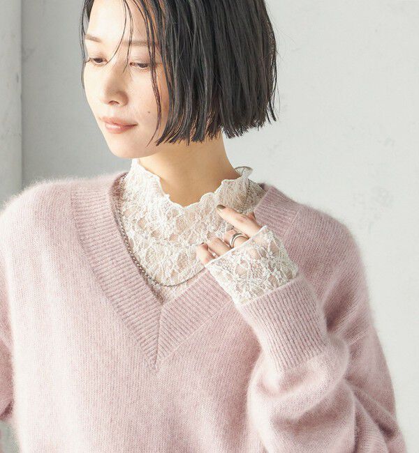SHIPS for women「《一部追加予約》〈手洗い可能〉フラワー ストレッチ レース ハイネック トップス」|Tシャツ・カットソー|オフホワイト