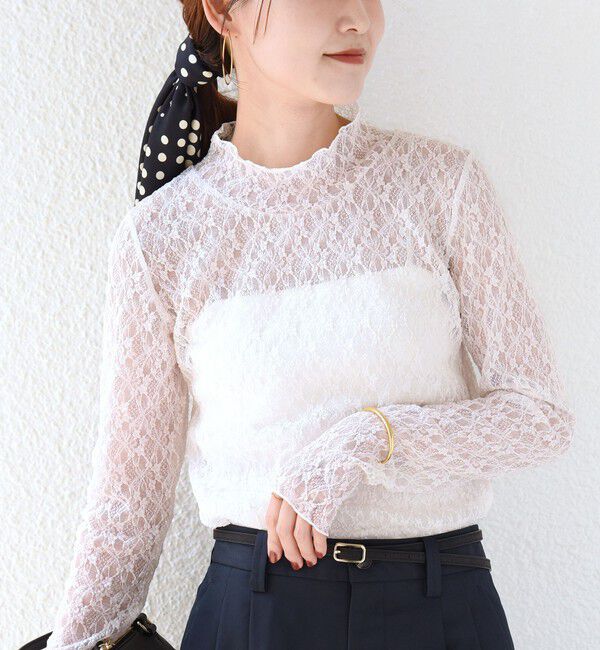 SHIPS for women「《一部追加予約》〈手洗い可能〉フラワー ストレッチ レース ハイネック トップス」|Tシャツ・カットソー|