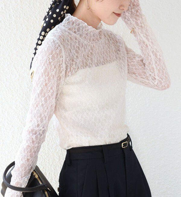 SHIPS for women「《一部追加予約》〈手洗い可能〉フラワー ストレッチ レース ハイネック トップス」|Tシャツ・カットソー|