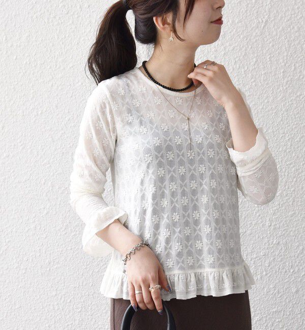 SHIPS any「〈洗濯機可能〉フラワー レース ジャカード フリル ヘム プルオーバー」|Tシャツ・カットソー|