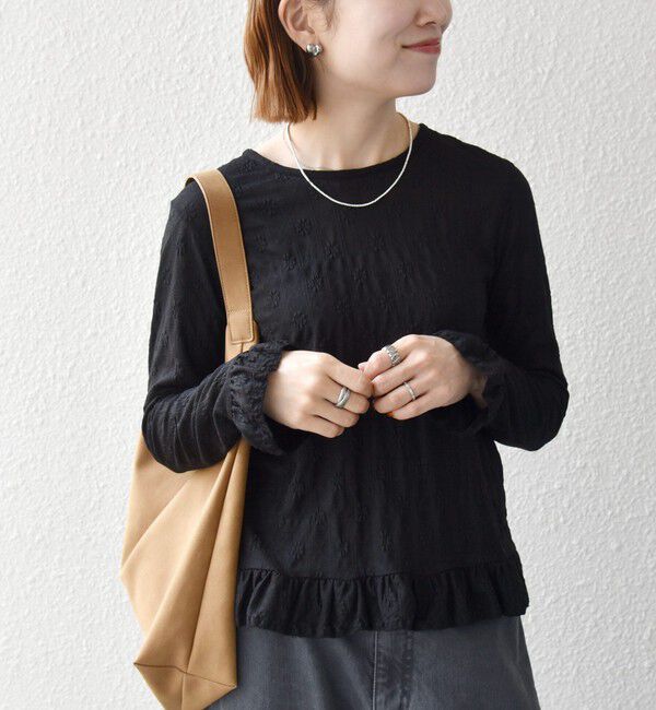 SHIPS any「〈洗濯機可能〉フラワー レース ジャカード フリル ヘム プルオーバー」|Tシャツ・カットソー|ブラック
