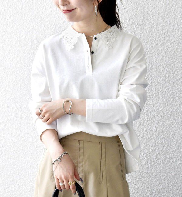 SHIPS any「〈洗濯機可能〉レース カラー ロングスリーブ ポロ プルオーバー」|Tシャツ・カットソー|オフホワイト