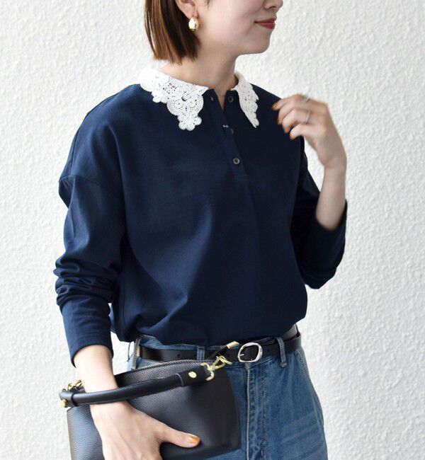 SHIPS any「〈洗濯機可能〉レース カラー ロングスリーブ ポロ プルオーバー」|Tシャツ・カットソー|