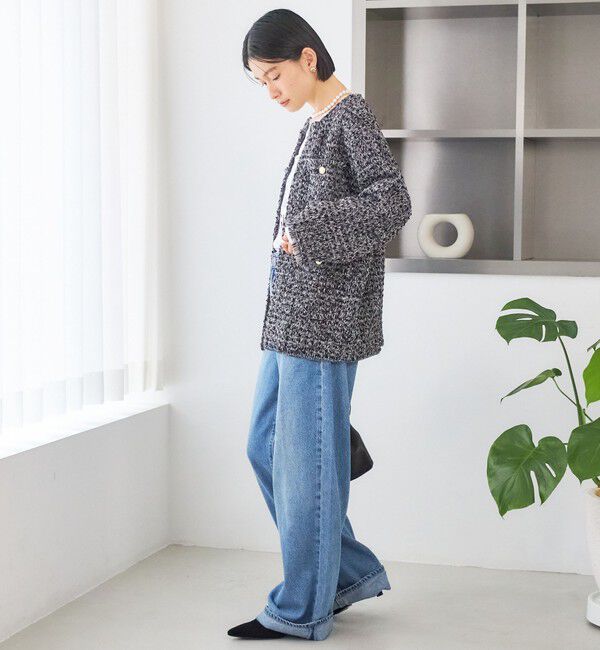 SHIPS for women「〈手洗い可能〉ミディ丈 ミックス ニット ジャケット」|ノーカラージャケット|