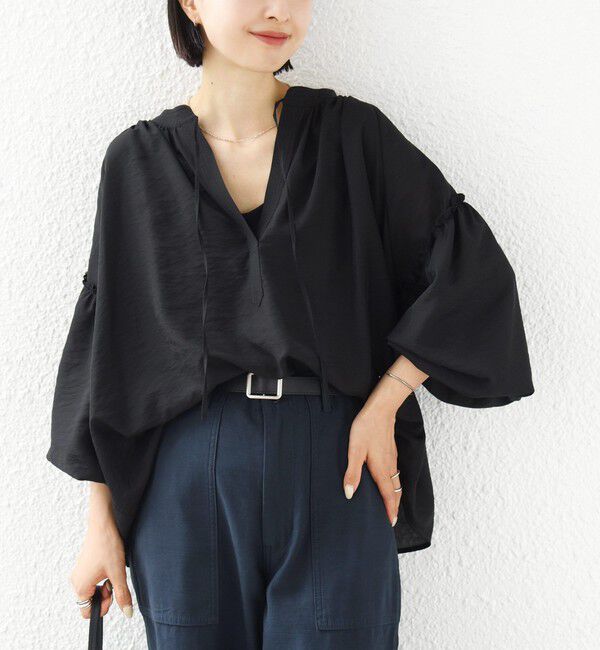 SHIPS for women「〈手洗い可能〉シアー タンブラー 袖 フリル スキッパー ブラウス」|シャツ・ブラウス|ブラック