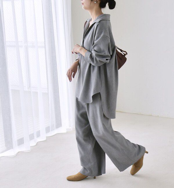 quaranciel「〈洗濯機可能〉ウールライク Vネック スキッパー シャツ & ワイド パンツ セットアップ」|ワンピース|
