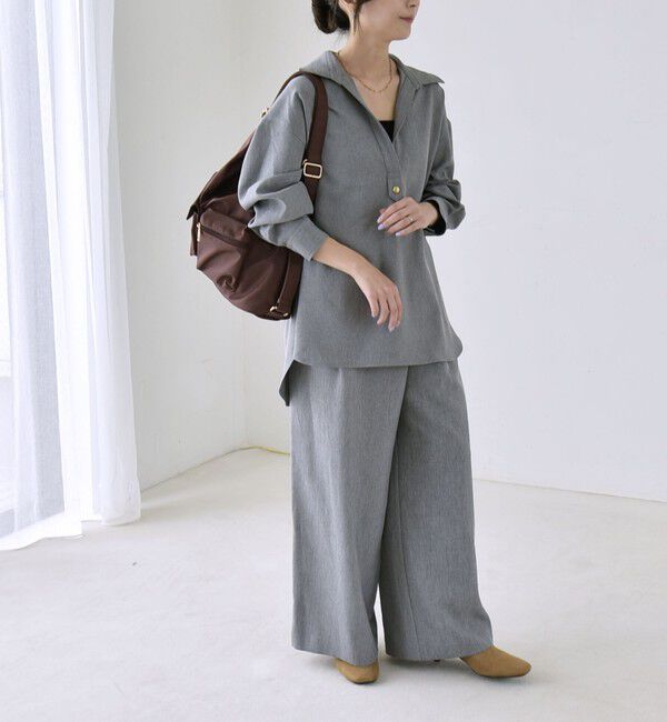quaranciel「〈洗濯機可能〉ウールライク Vネック スキッパー シャツ & ワイド パンツ セットアップ」|ワンピース|