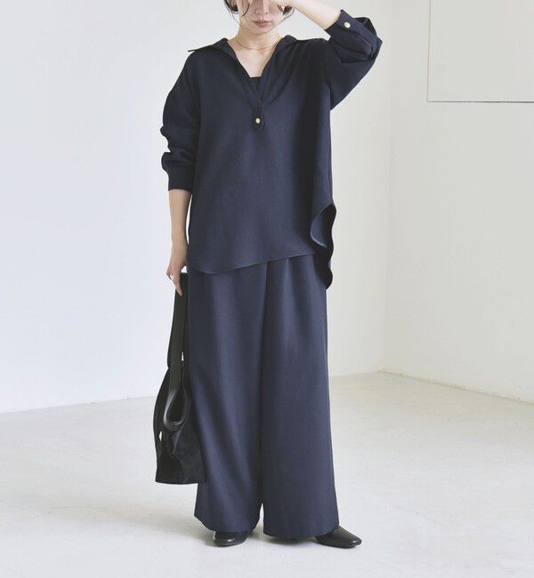 quaranciel「〈洗濯機可能〉ウールライク Vネック スキッパー シャツ & ワイド パンツ セットアップ」|ワンピース|ネイビー