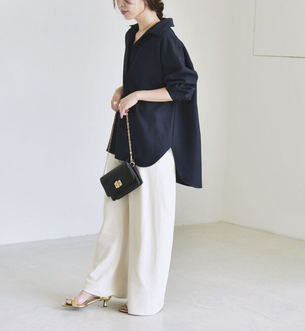 quaranciel「〈洗濯機可能〉ウールライク Vネック スキッパー シャツ & ワイド パンツ セットアップ」|ワンピース|