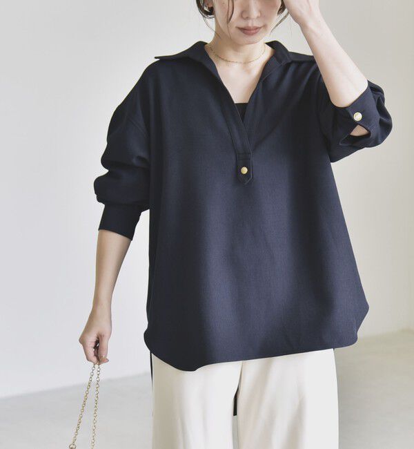 quaranciel「〈洗濯機可能〉ウールライク Vネック スキッパー シャツ & ワイド パンツ セットアップ」|ワンピース|