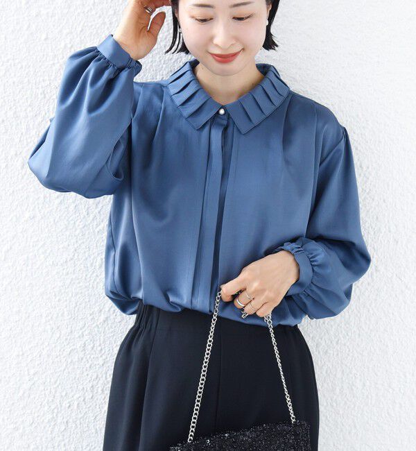 SHIPS for women「〈手洗い可能〉襟 タック サテン ロング スリーブ ブラウス」|シャツ・ブラウス|