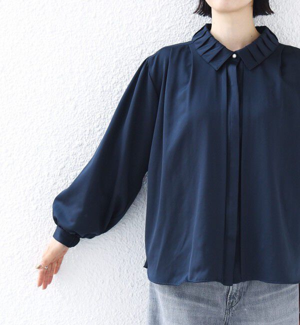 SHIPS for women「〈手洗い可能〉襟 タック サテン ロング スリーブ ブラウス」|シャツ・ブラウス|