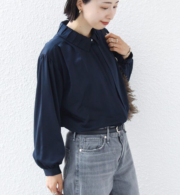 SHIPS for women「〈手洗い可能〉襟 タック サテン ロング スリーブ ブラウス」|シャツ・ブラウス|