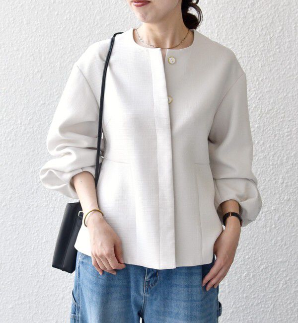 SHIPS any「〈手洗い可能〉パフ スリーブ ノーカラー ジャケット［NAVY BLUE］」|ノーカラージャケット|