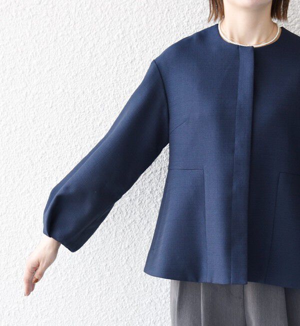 SHIPS any「〈手洗い可能〉パフ スリーブ ノーカラー ジャケット［NAVY BLUE］」|ノーカラージャケット|