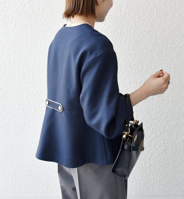 SHIPS any「〈手洗い可能〉パフ スリーブ ノーカラー ジャケット［NAVY BLUE］」|ノーカラージャケット|