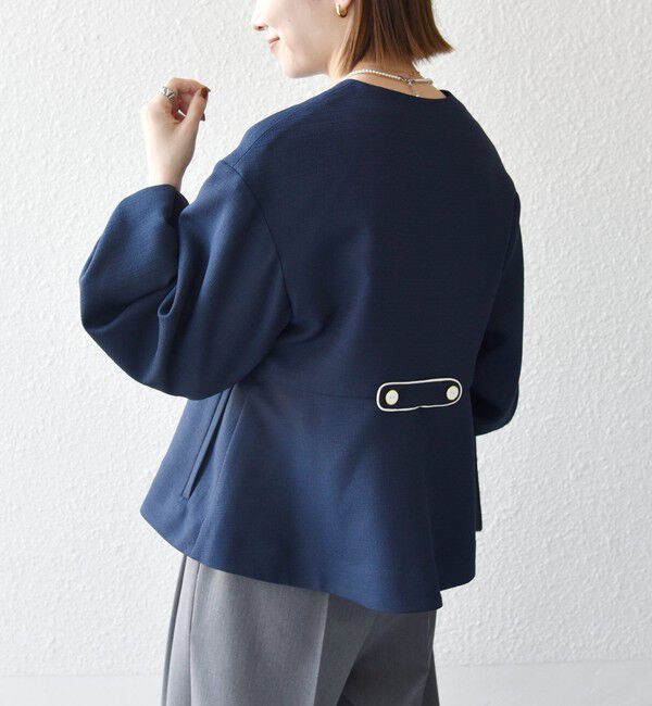 SHIPS any「〈手洗い可能〉パフ スリーブ ノーカラー ジャケット［NAVY BLUE］」|ノーカラージャケット|