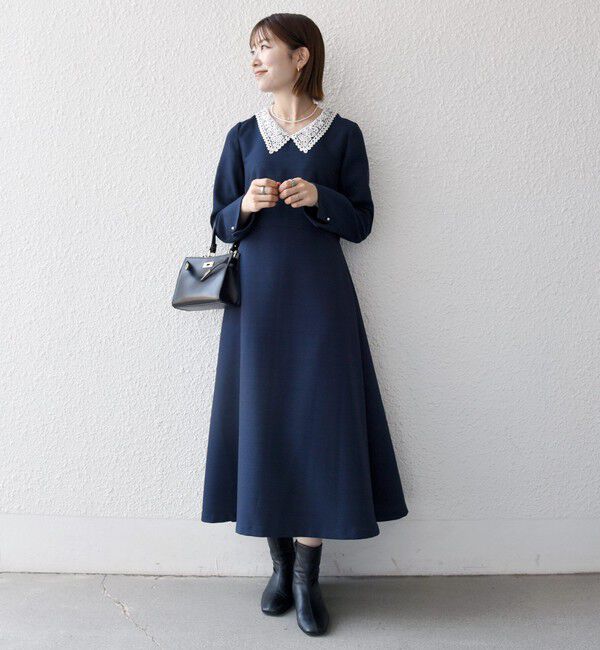 SHIPS any「〈洗濯機可能〉レースカラー ロング スリーブ ワンピース［NAVY BLUE］」|ワンピース|