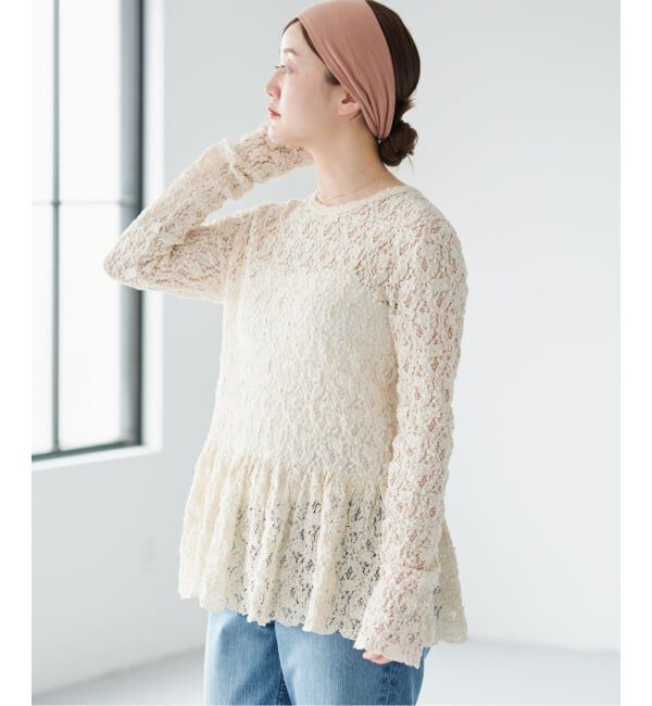 IENA「《WEB限定/追加》Flowerストレッチレース ペプラムプルオーバー」|Tシャツ・カットソー|