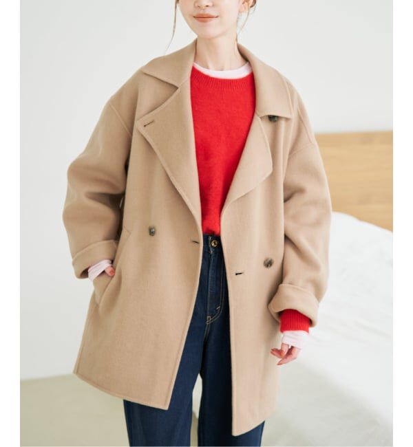 SLOBE IENA「《シリーズあり/追加予約》souple wool ダブルフェイスミドルコート」|ピーコート|キャメル