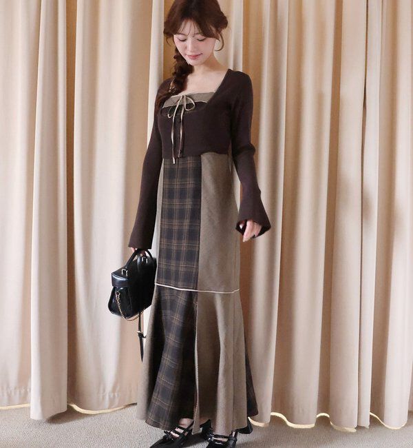  「【SMサイズ展開】アンサンブル配色チェックロングワンピ」|ワンピース|