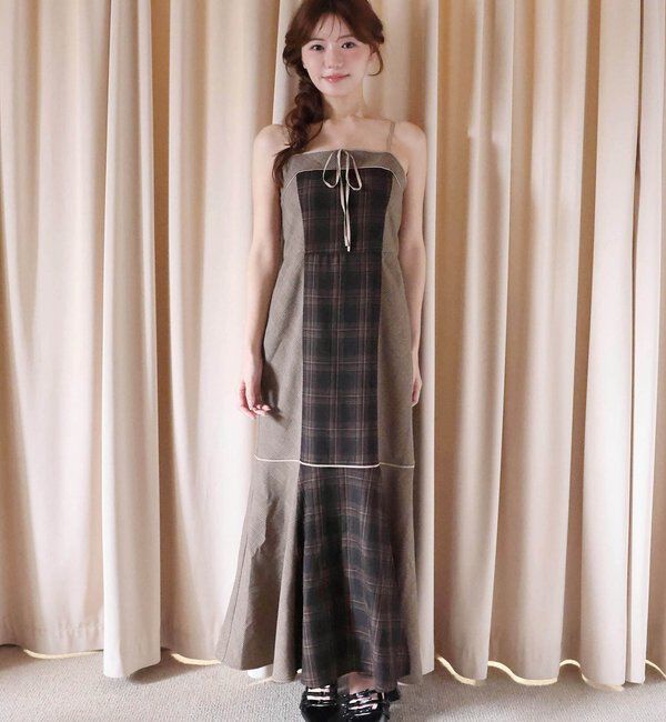 「【SMサイズ展開】アンサンブル配色チェックロングワンピ」|ワンピース|