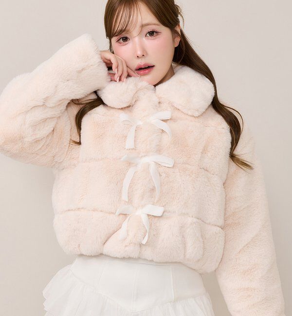  「【Premium order】フェイクファーリボンショートコート」|ベスト・ジレ|ピンク
