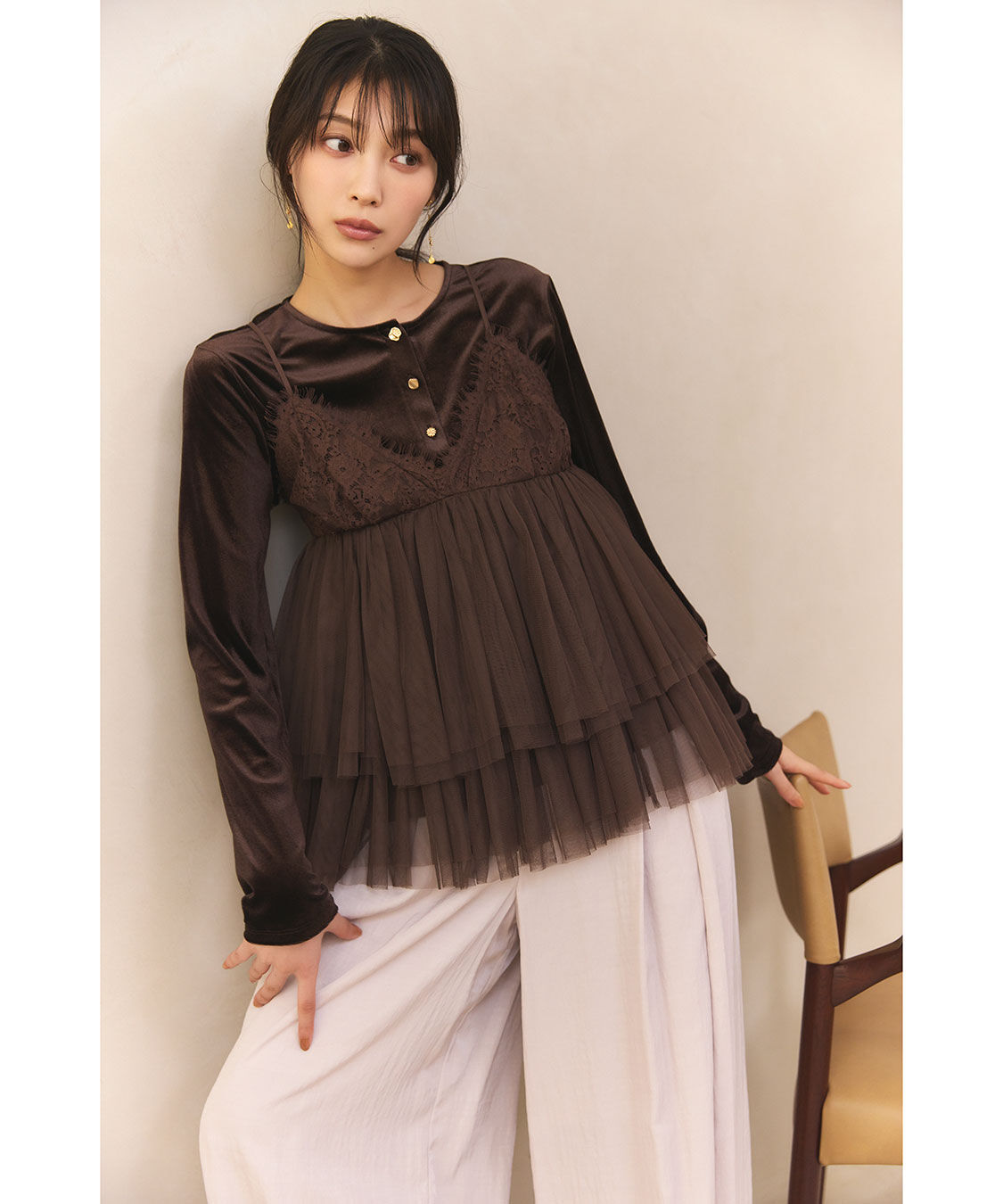 COCO DEAL「サテンクロスタックパンツ」|スラックス|