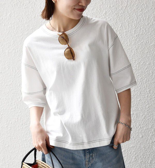SHIPS any「〈抗菌防臭/洗濯機可能〉USAコットン 配色 ステッチ ワイド TEE」|Tシャツ・カットソー|