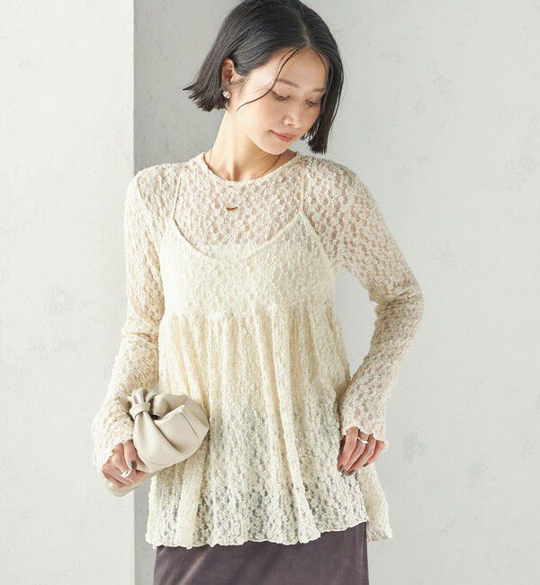 SHIPS for women「〈手洗い可能〉シュリンク レース ヘンリーネック 2WAY プルオーバー」|Tシャツ・カットソー|
