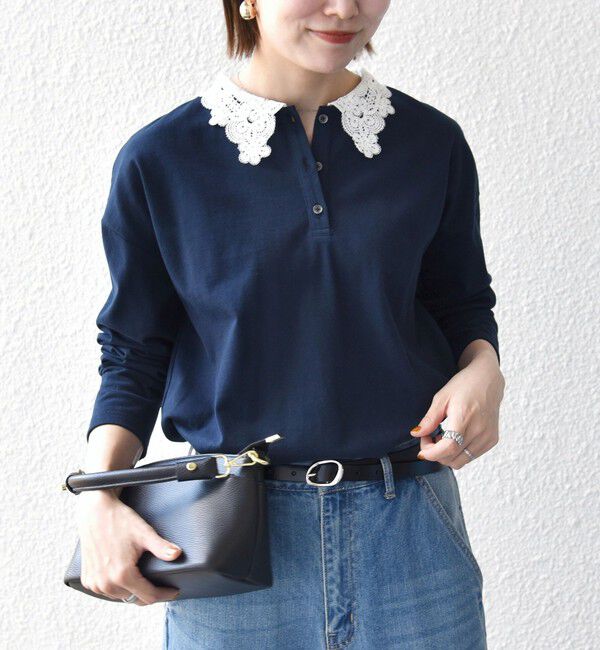 SHIPS any「〈洗濯機可能〉レース カラー ロングスリーブ ポロ プルオーバー」|Tシャツ・カットソー|