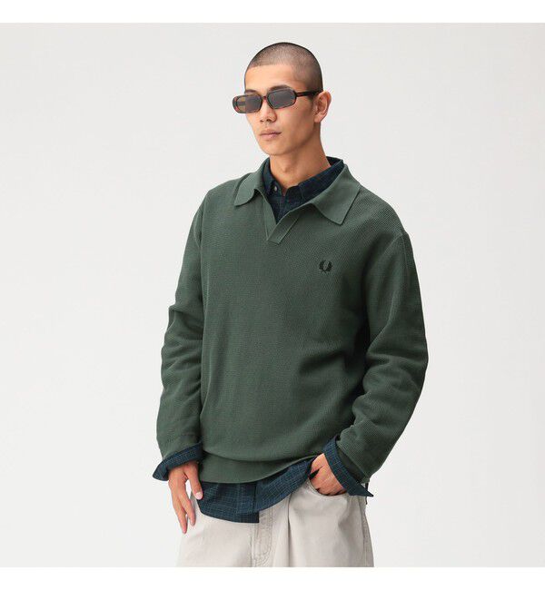 BEAMS「BEAMS｜【別注】FRED PERRY / Skipper Knit Long Sleeve Polo Shirt」|Tシャツ・カットソー|FIELD_GREEN