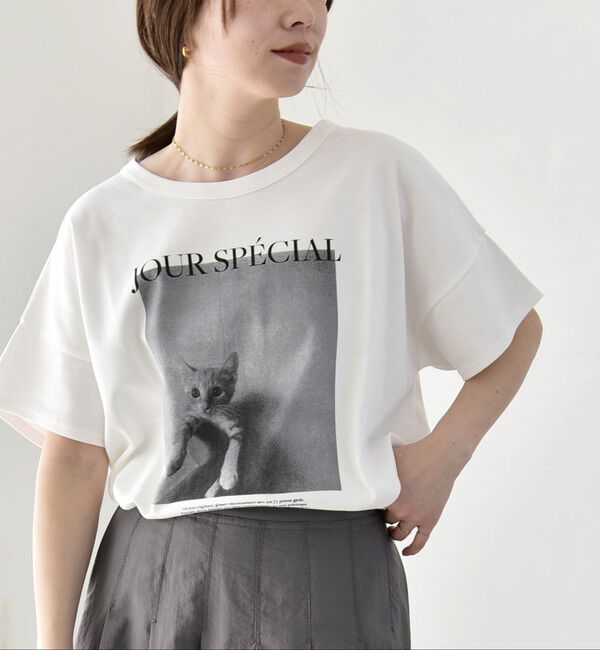 quaranciel「〈接触冷感/汗染み防止加工/洗濯機可能〉CAT プリント TEE」|Tシャツ・カットソー|ホワイト系1