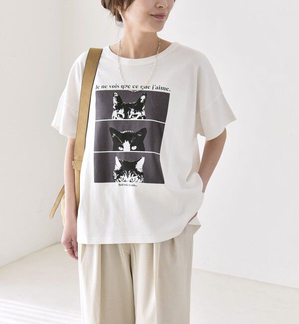 quaranciel「〈接触冷感/汗染み防止加工/洗濯機可能〉CAT プリント TEE」|Tシャツ・カットソー|