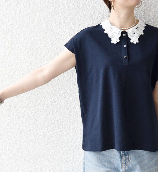 SHIPS any「〈洗濯機可能〉レース カラー フレンチスリーブ ポロ プルオーバー」|Tシャツ・カットソー|