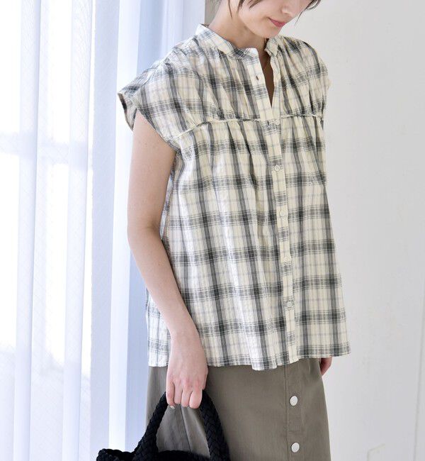 quaranciel「quaranciel:〈手洗い可能〉チェック ギャザー バンドカラー フレンチ シャツ」|シャツ・ブラウス|